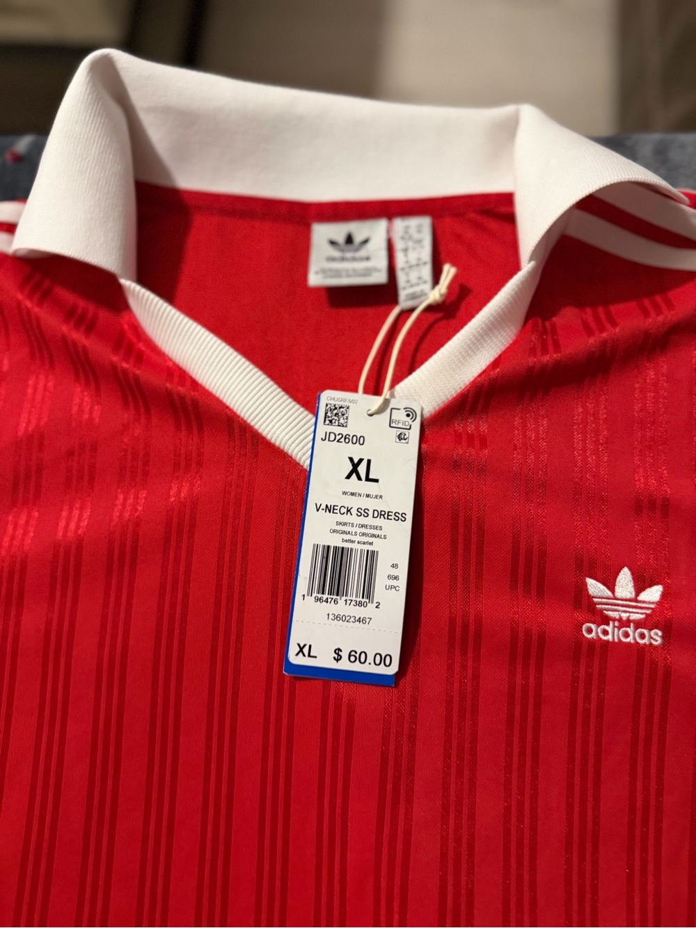 adidas Red V-Neck Short Sleeve Shirt with White Collar - XL